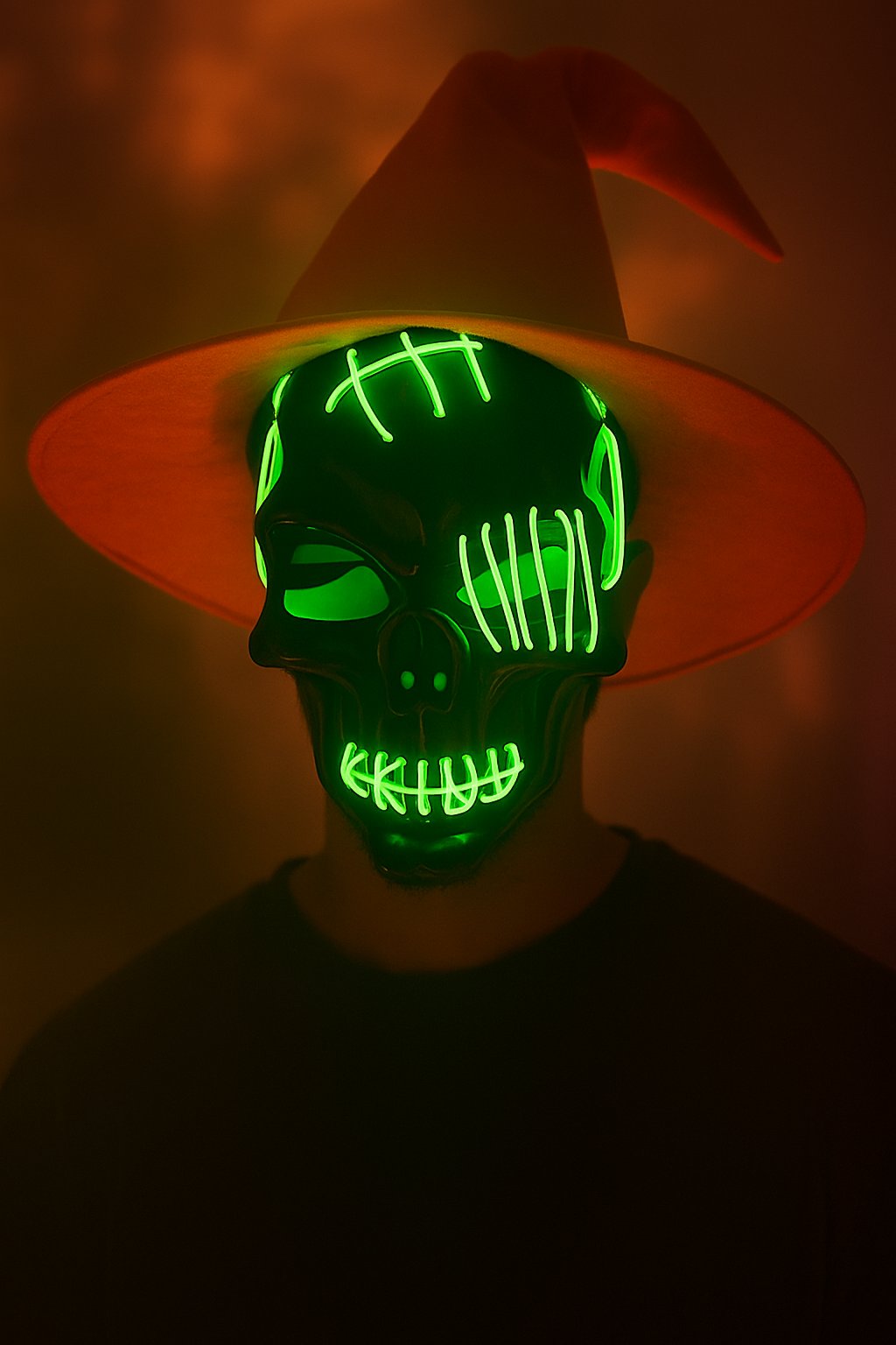Cadılar Bayramı Halloween Maskesi Pilli Neon Yeşil Işıklı Kurukafa İskelet Korku Maskesi