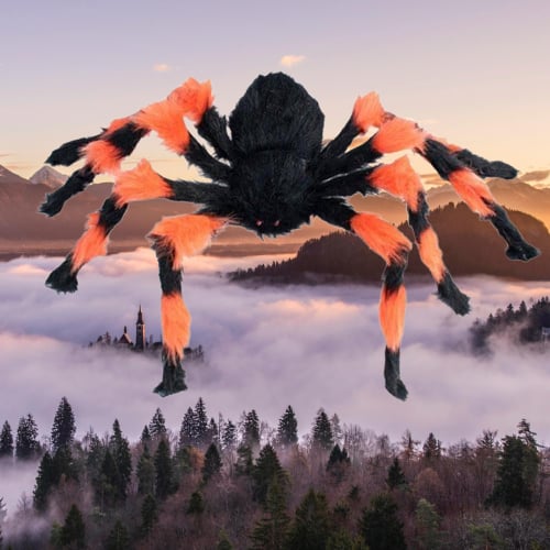Cadılar Bayramı Halloween Örümcek Figür 50 Cm Siyah-Turuncu Tüylü Korku dekoru Hareketli Edebilen Kıvrılabilen Bacaklar