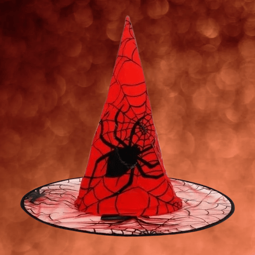 Cadılar Bayramı-Hallowen Cadı Şapkası Kırmızı Dev Örümcek Desenli Lüks 38x38cm