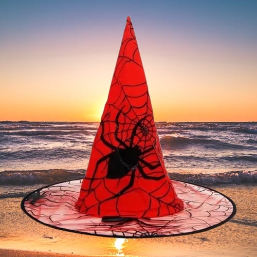 Cadılar Bayramı-Hallowen Cadı Şapkası Kırmızı Dev Örümcek Desenli Lüks 38x38cm