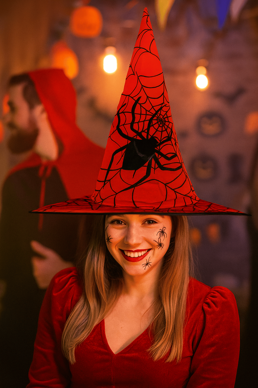 Cadılar Bayramı-Hallowen Cadı Şapkası Kırmızı Dev Örümcek Desenli Lüks 38x38cm
