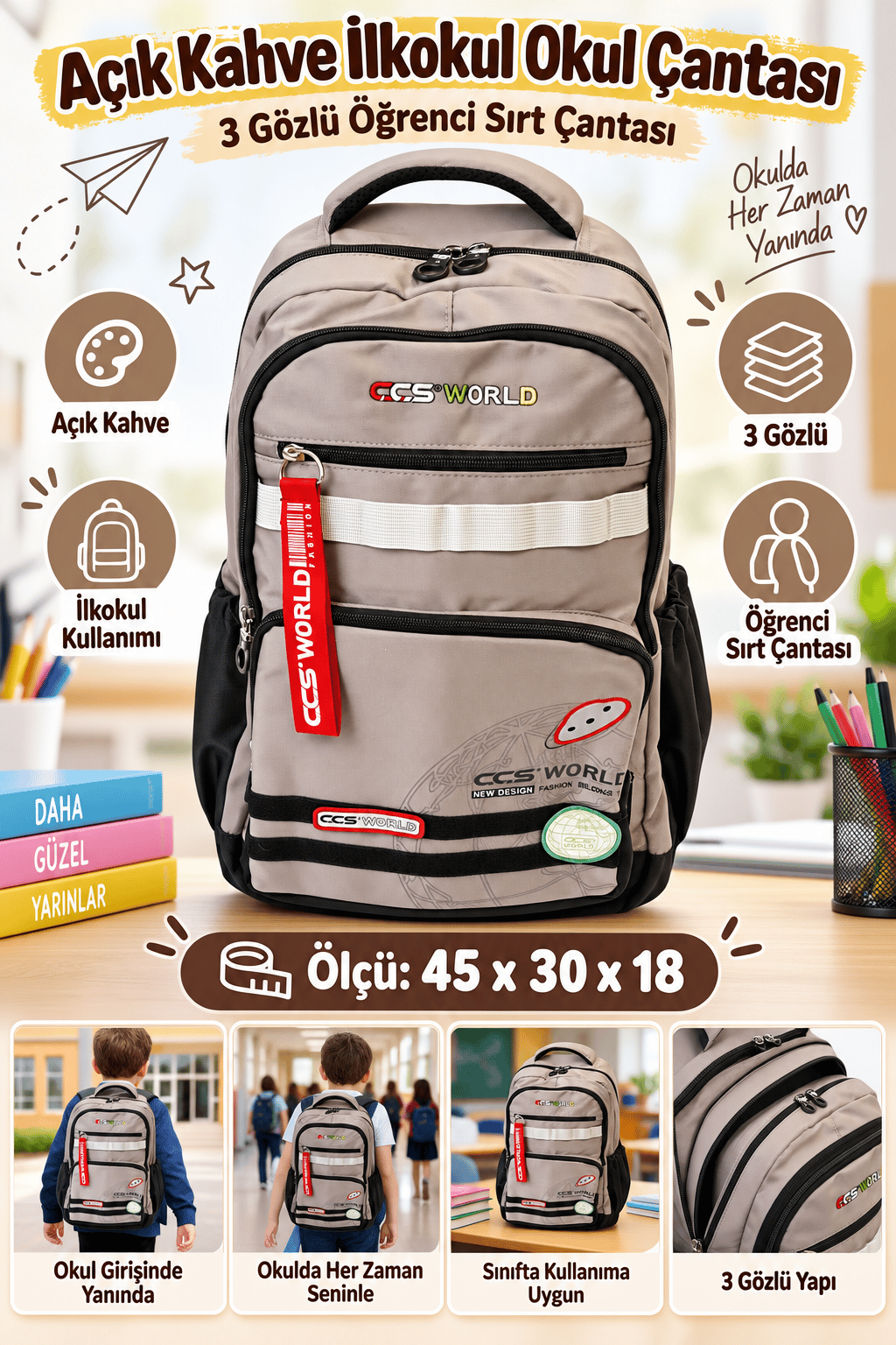 ÇÇS LONDON 3gözlü sırt-okul çantası 51680-A.KAHVE