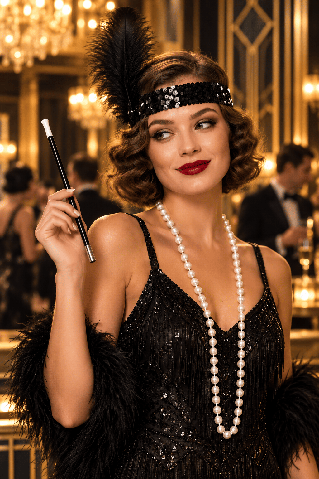 Charleston Kostüm Aksesuar Seti Payetli Saç Bandı İnci Kolye ve Ağızlık 1920’ler Gatsby