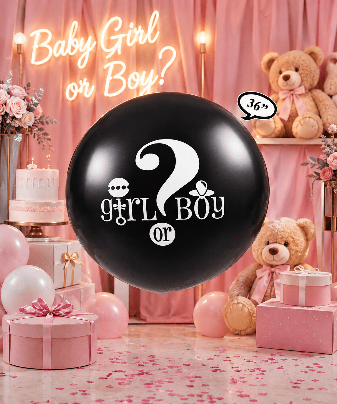 Cinsiyet Belirleme Balonu Konfetili PEMBE 36inç