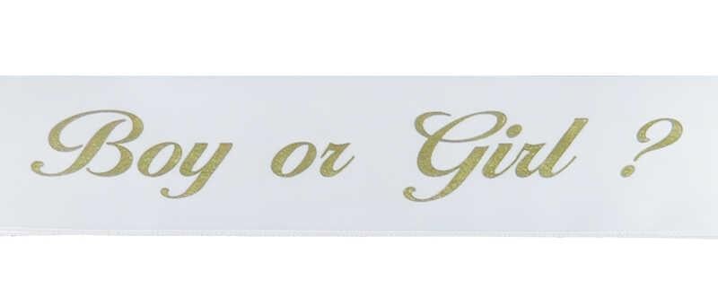 Cinsiyet partisi Kuşağı boy and girl beyaz üstü gold altın varaklı saten kumaştan kuşak 205cm*6cm  