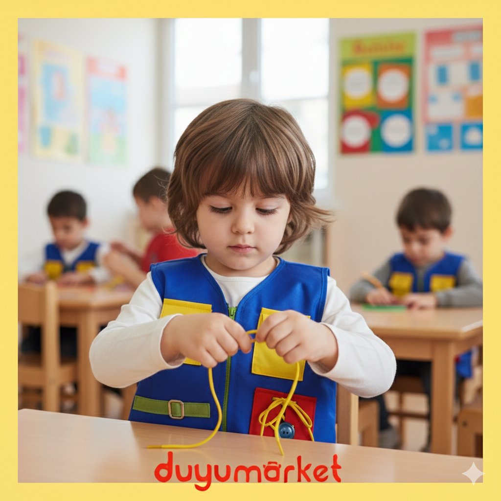 Çocuk Okul Öncesi Motor Beceri Önlüğü fermuar-düğme-çıtçıt-bağlama tokalı-cırtcırt  Aktivite Önlüğü