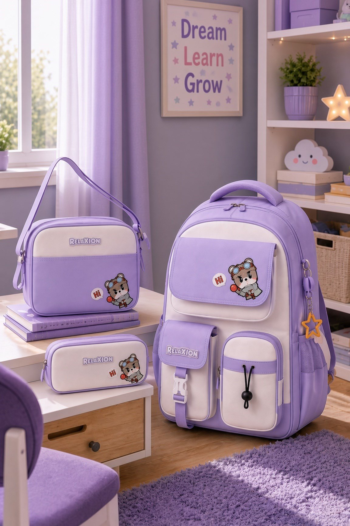 Cool Okul Çantası 3'lü Set Lila Sırt Çantası Beslenme Çantası Kalemlik Seti Ortopedik Öğrenci