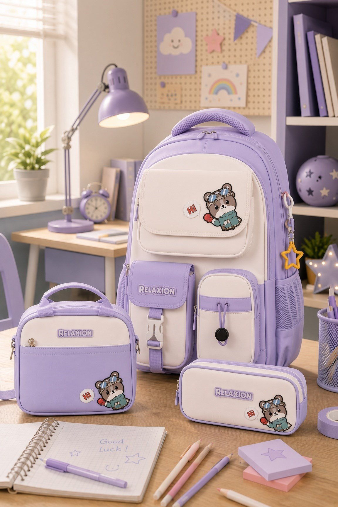 Cool Okul Çantası 3'lü Set Lila Sırt Çantası Beslenme Çantası Kalemlik Seti Ortopedik Öğrenci