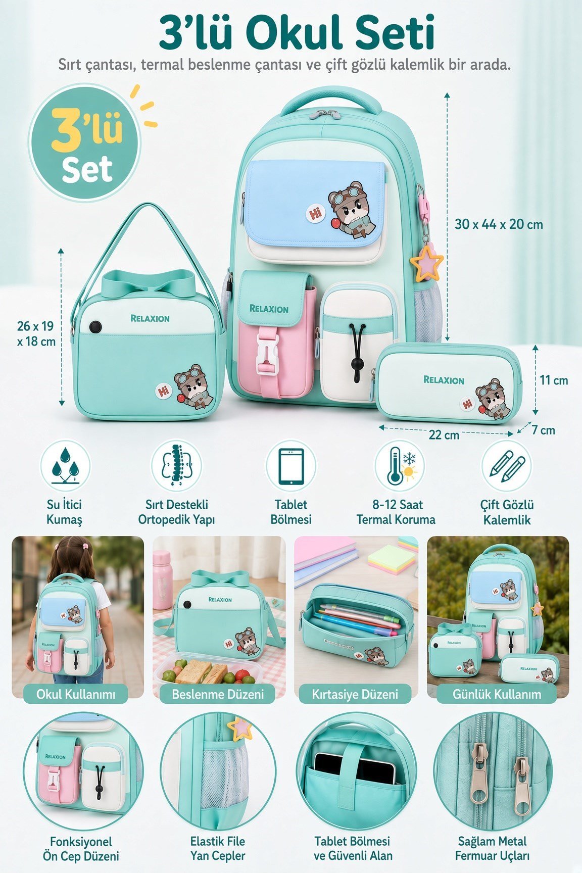 Cool Okul Çantası 3'lü Set Yeşil Sırt Çantası Beslenme Çantası Kalemlik Seti Ortopedik Öğrenci