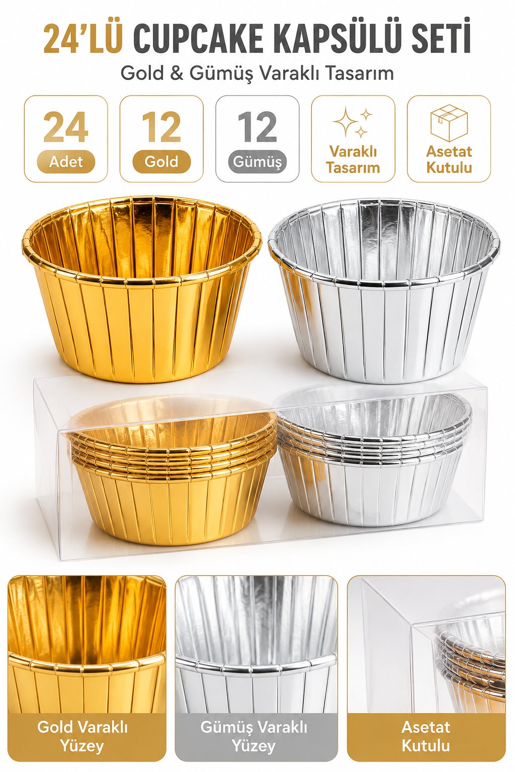 Cupcake Kapsülü 24'lü 12 Gold-12 Gümüş Varaklı asetat kutulu