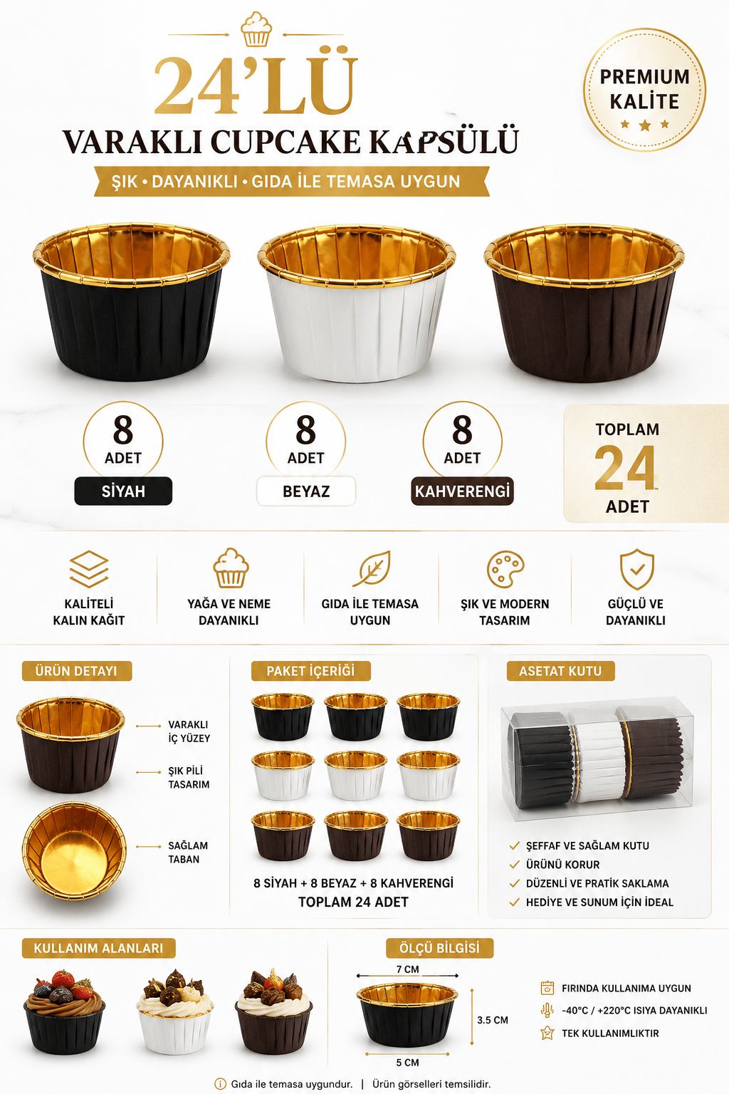 Cupcake Kapsülü 24'lü 8 Siya-8 Beya-8 Kahve Varaklı asetat kutulu