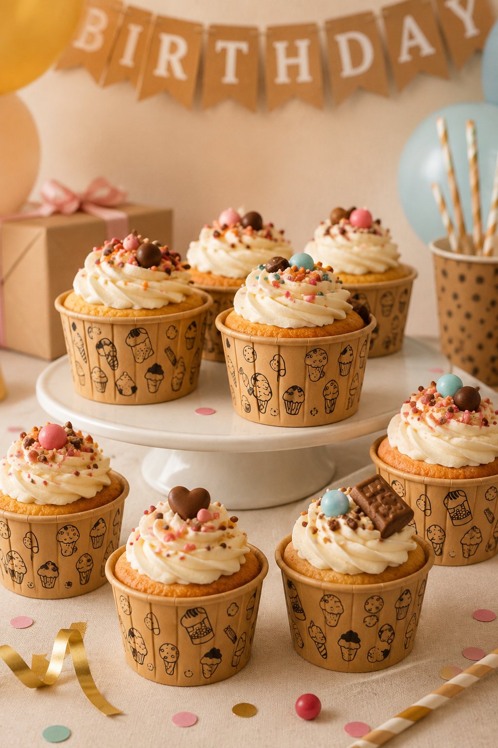 Cupcake Kapsülü 24lü Kraft Şekerleme Desenli Lamineli Asetat Kutulu