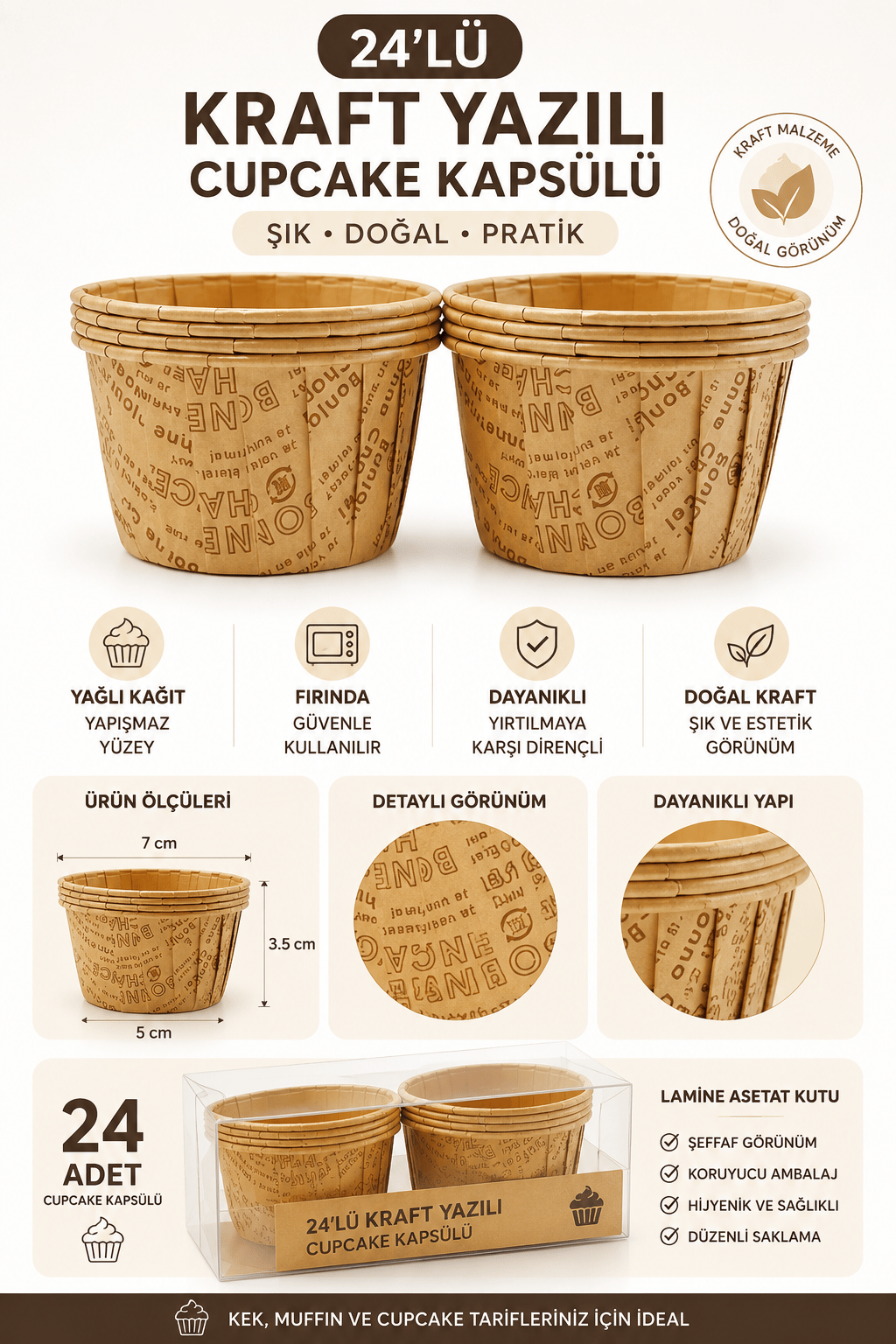 Cupcake Kapsülü 24lü Kraft Yazılı Lamineli Asetat Kutulu