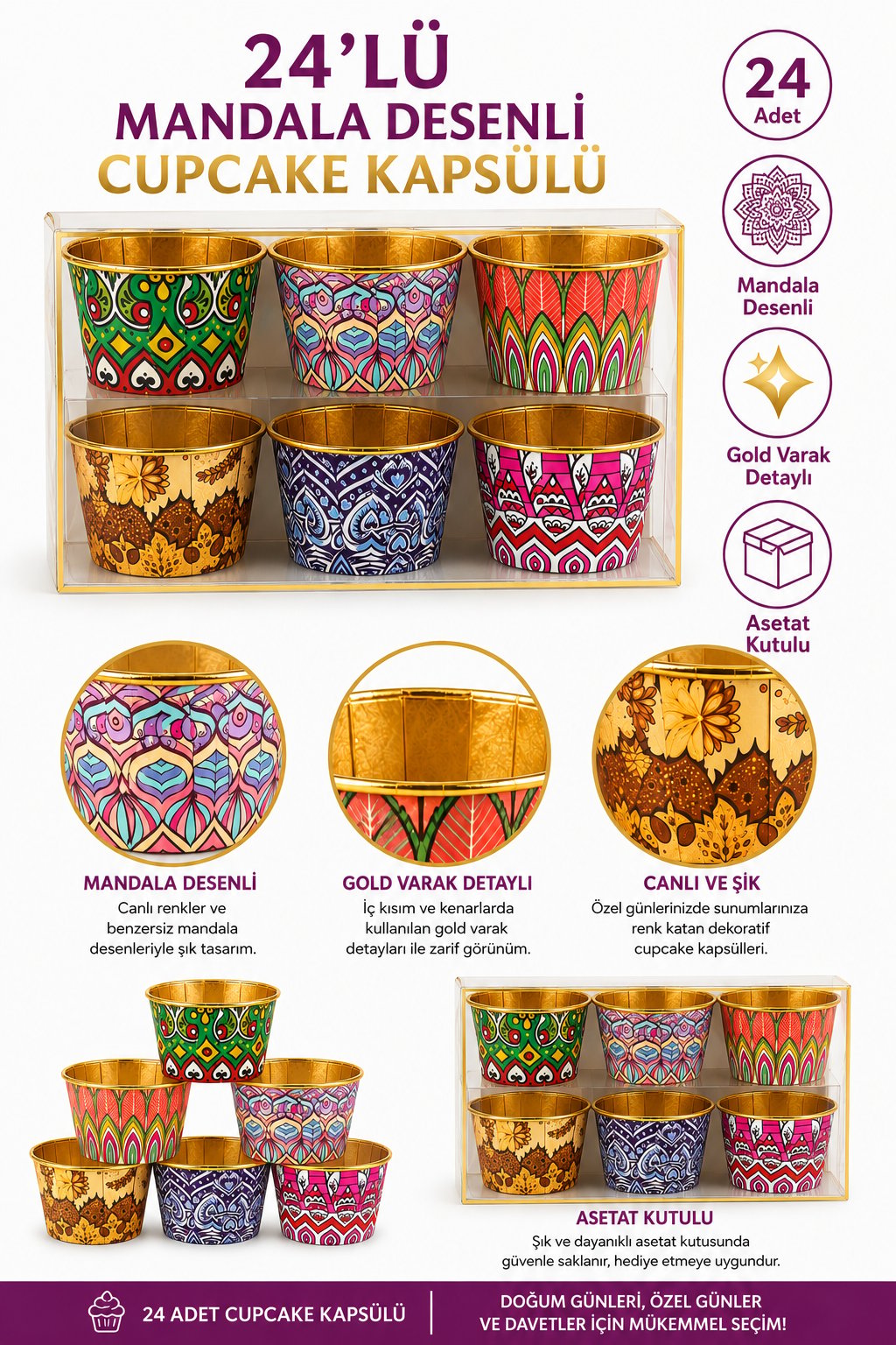 Cupcake Kapsülü 24'lü Mandala Densenli Gold Varaklı asetat kutulu