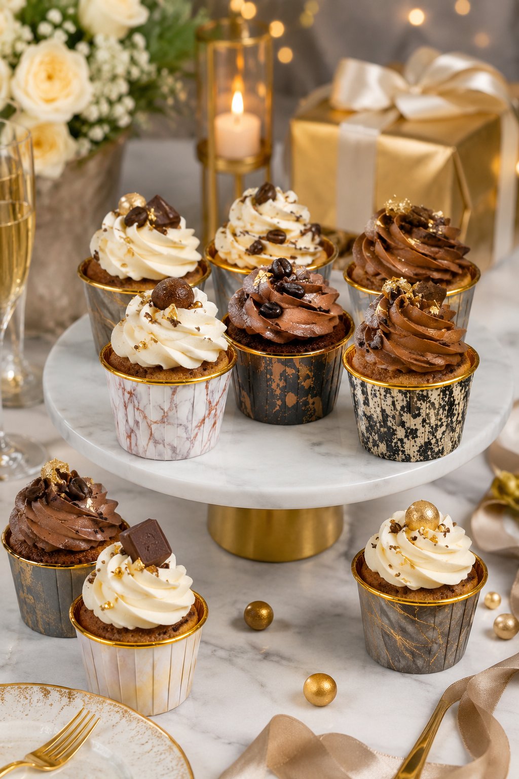 Cupcake Kapsülü 24'lü Mermer Densenli Gold Varaklı asetat kutulu