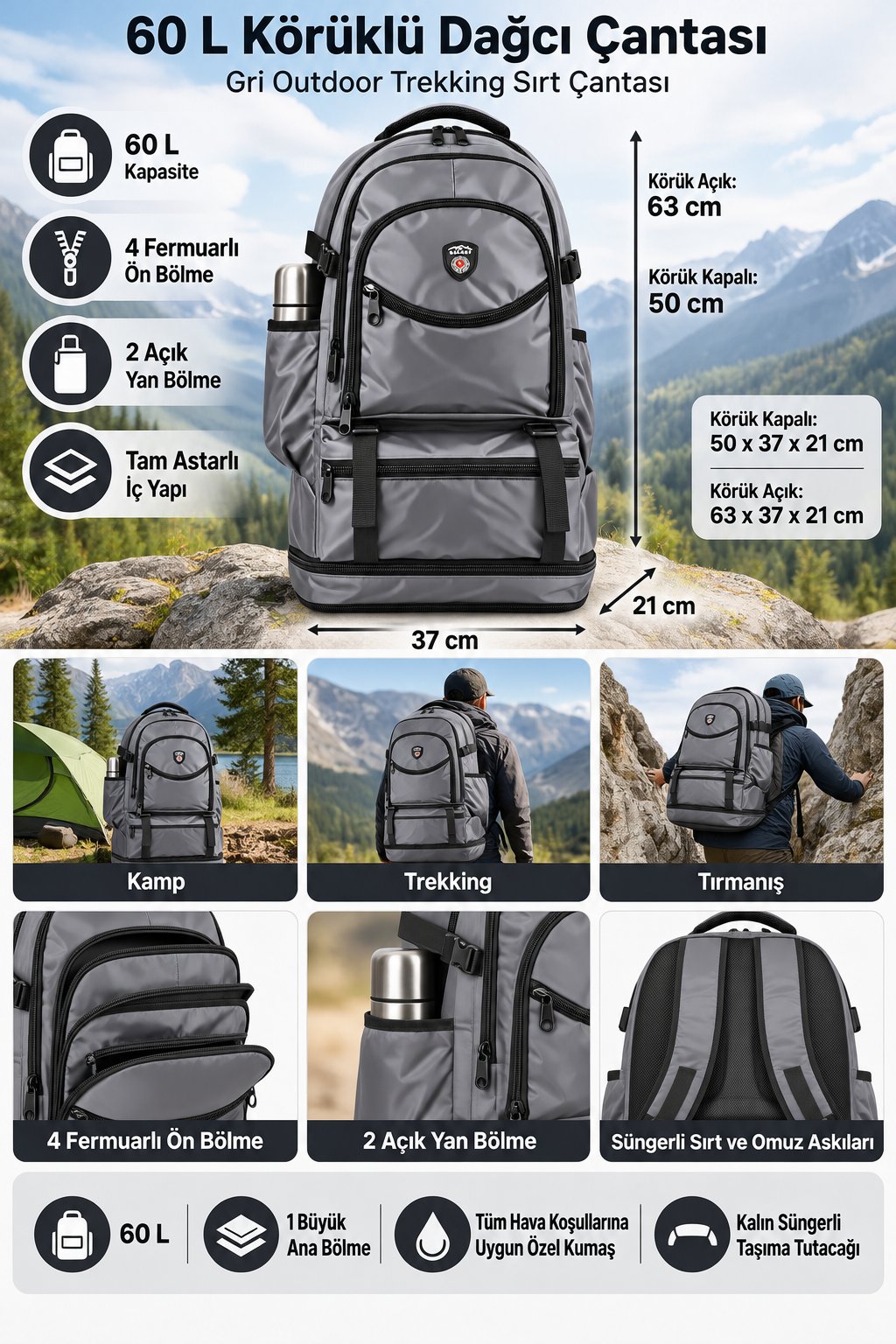 Dağcı Çantası Gri Outdoor Trekking Doğa Yürüyüşü Sırt Çantası Kamp 52x35x19 cm