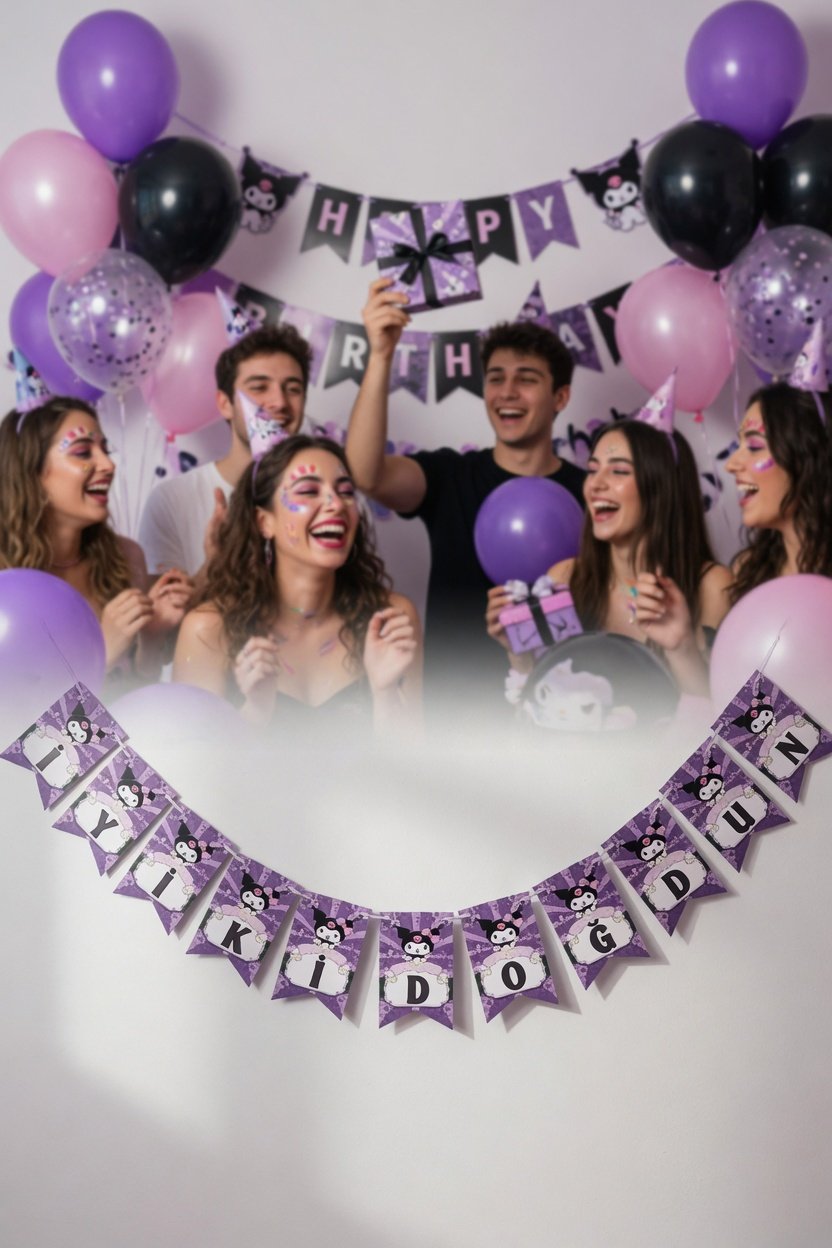 Dekoratif Asmalı Banner Kuromi İyiki Doğdun yazısı