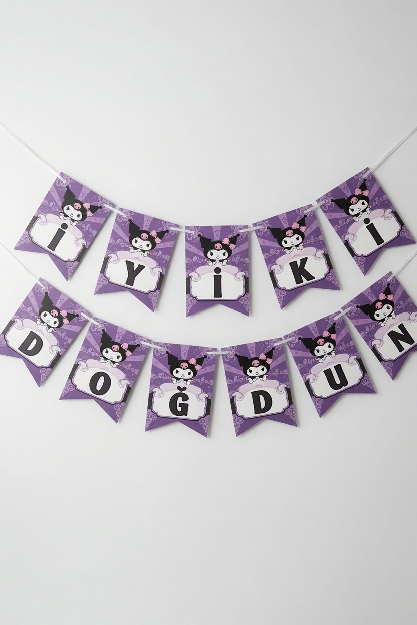 Dekoratif Asmalı Banner Kuromi İyiki Doğdun yazısı