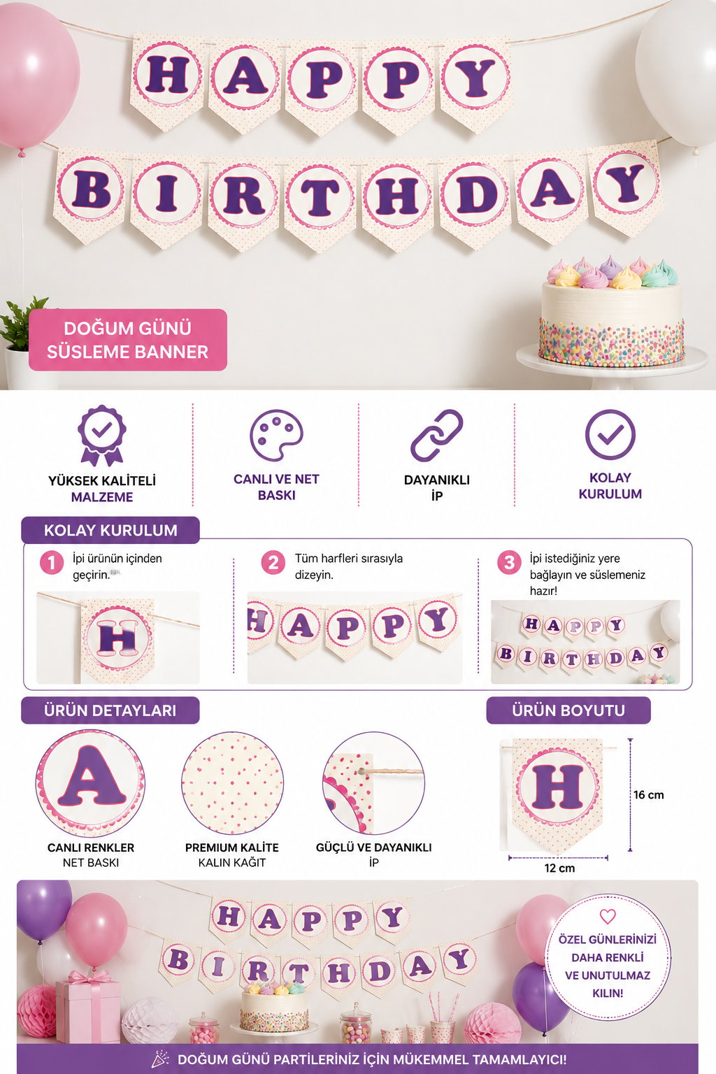 Dekoratif Banner Kağıt Banner Happy Birthday Puanlı İPLİ