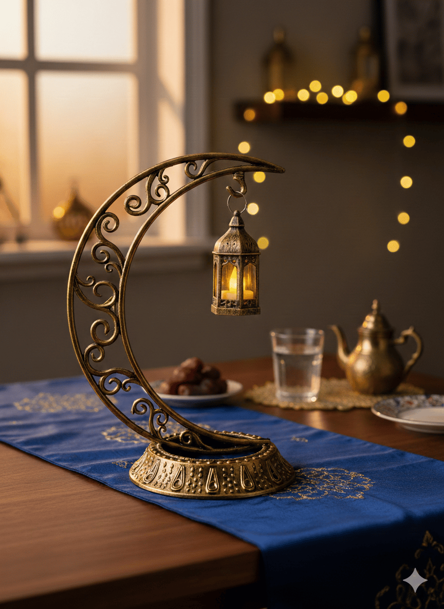 Dekoratif Masa Üstü Hilal Eskitme Gold Kancalı Ramazan Led Lamba set