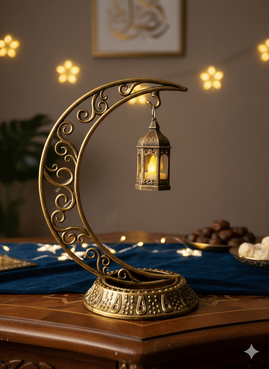 Dekoratif Masa Üstü Hilal Eskitme Gold Kancalı Ramazan Led Lamba set
