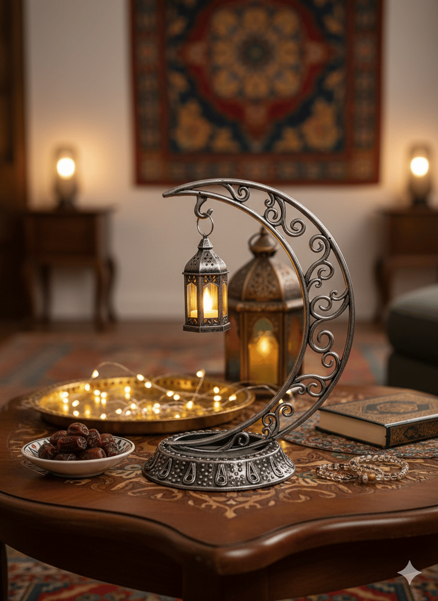 Dekoratif Masa Üstü Hilal Eskitme GümüşKancalı Ramazan Led Lambaeskitme set