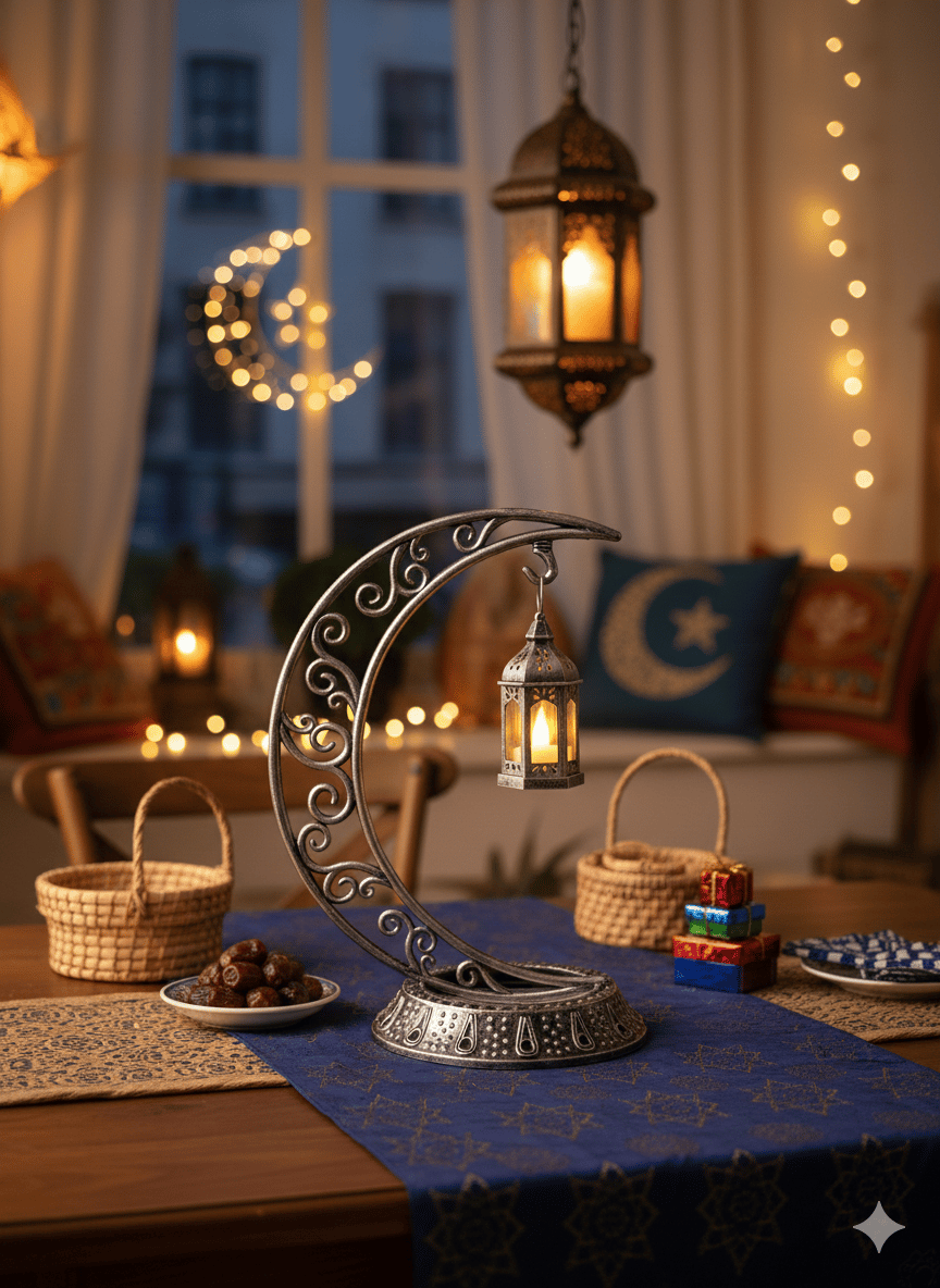 Dekoratif Masa Üstü Hilal Eskitme GümüşKancalı Ramazan Led Lambaeskitme set