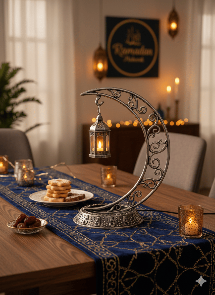 Dekoratif Masa Üstü Hilal Eskitme GümüşKancalı Ramazan Led Lambaeskitme set