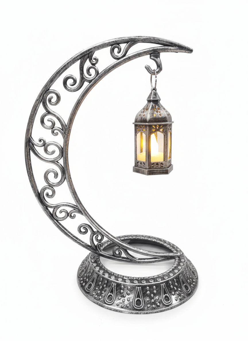 Dekoratif Masa Üstü Hilal Eskitme GümüşKancalı Ramazan Led Lambaeskitme set
