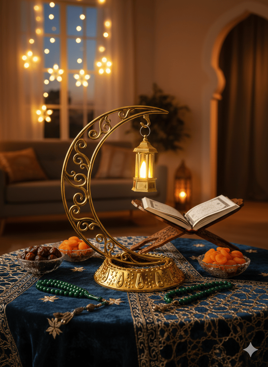 Dekoratif Masa Üstü Hilal Gold ve Kancalı Ramazan Led Lamba set