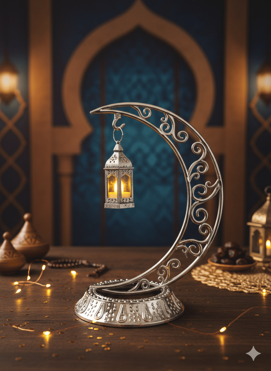 Dekoratif Masa Üstü Hilal Gümüş ve Kancalı Ramazan Led Lamba set