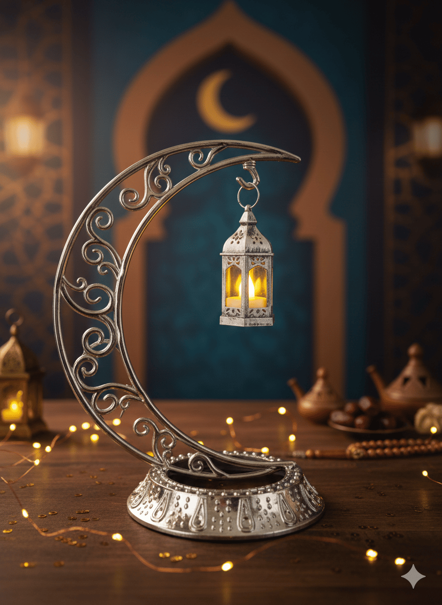 Dekoratif Masa Üstü Hilal Gümüş ve Kancalı Ramazan Led Lamba set
