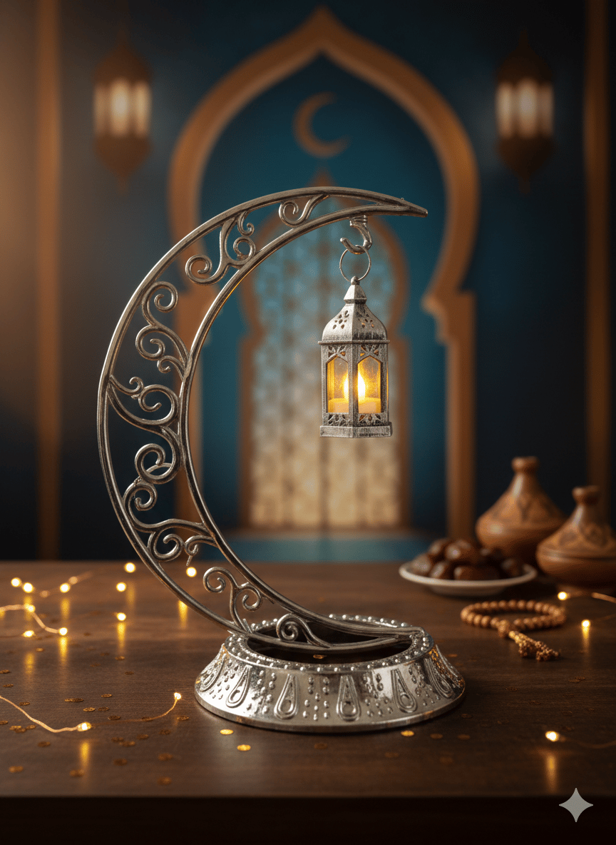 Dekoratif Masa Üstü Hilal Gümüş ve Kancalı Ramazan Led Lamba set