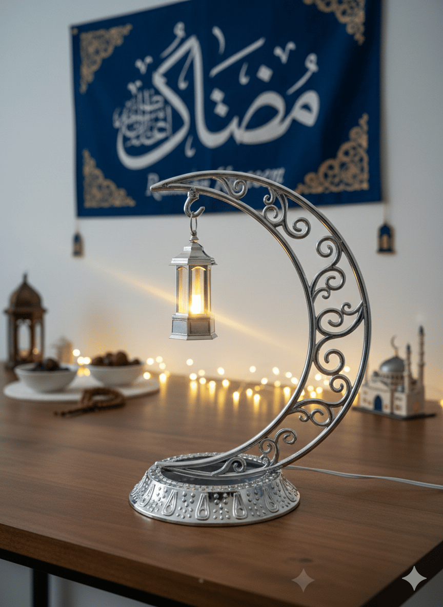 Dekoratif Masa Üstü Hilal parlak gümüş Kancalı Ramazan Led Lamba(10cm) set