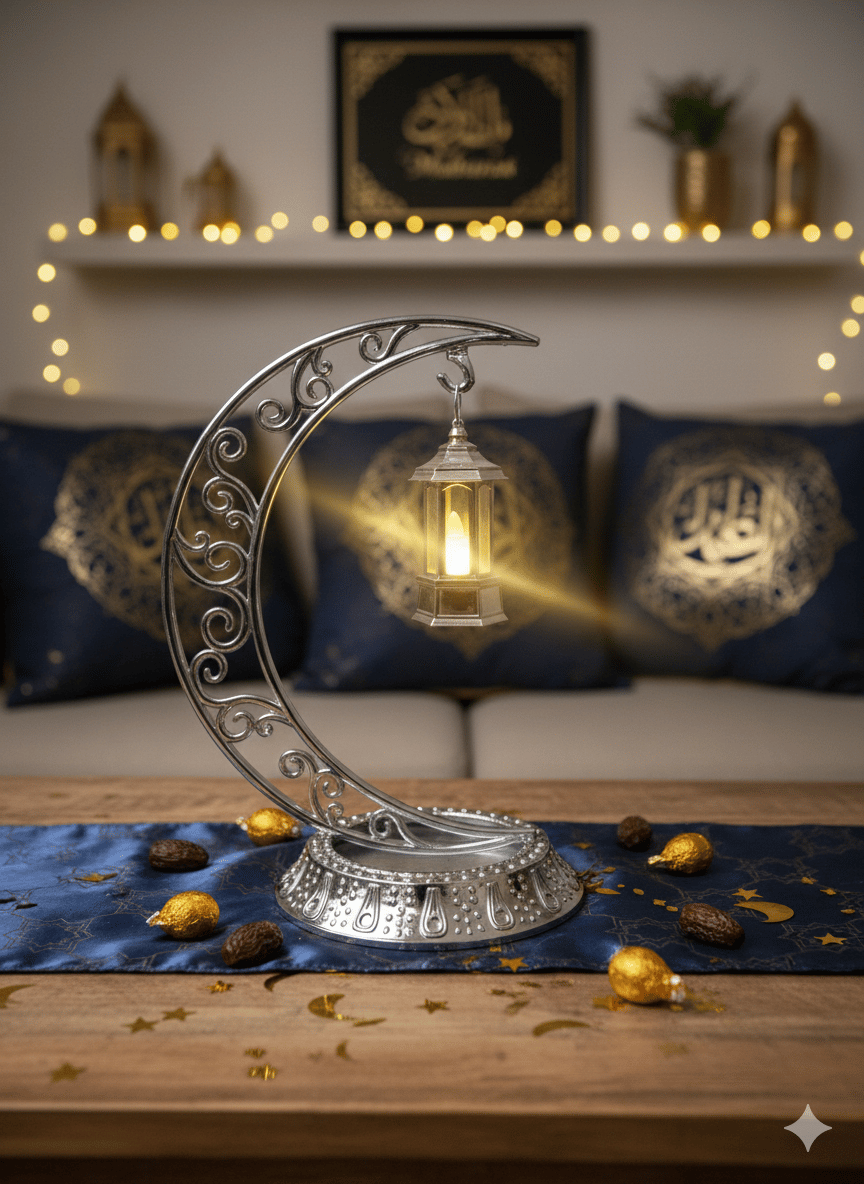 Dekoratif Masa Üstü Hilal parlak gümüş Kancalı Ramazan Led Lamba(10cm) set