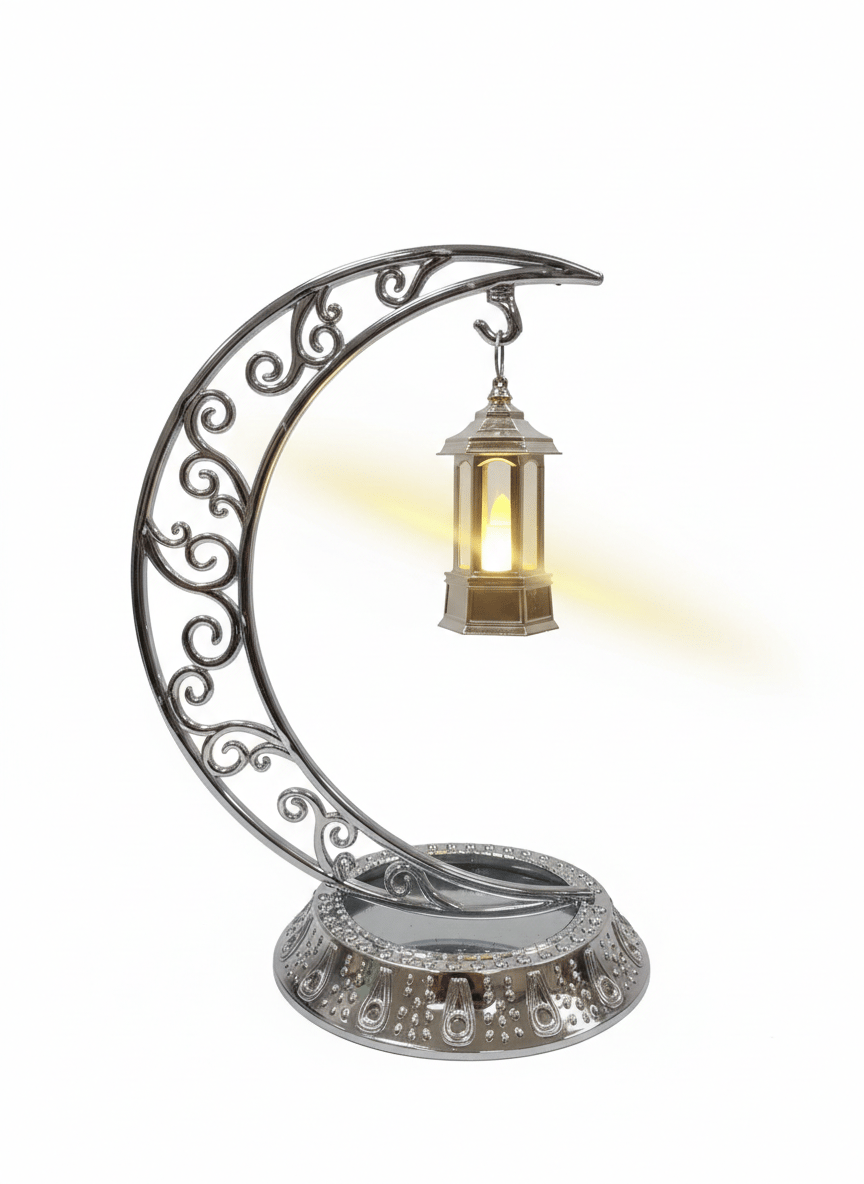 Dekoratif Masa Üstü Hilal parlak gümüş Kancalı Ramazan Led Lamba(10cm) set