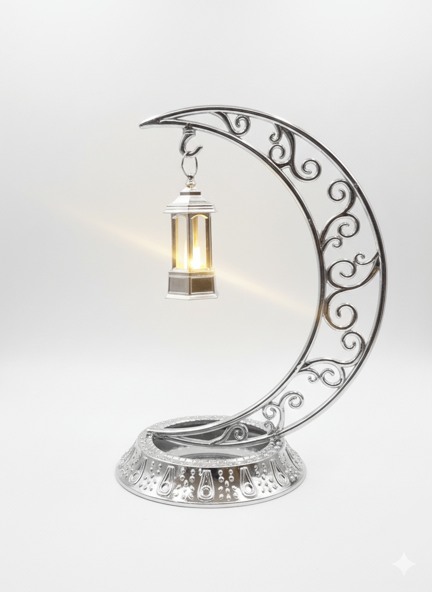 Dekoratif Masa Üstü Hilal parlak gümüş Kancalı Ramazan Led Lamba(10cm) set