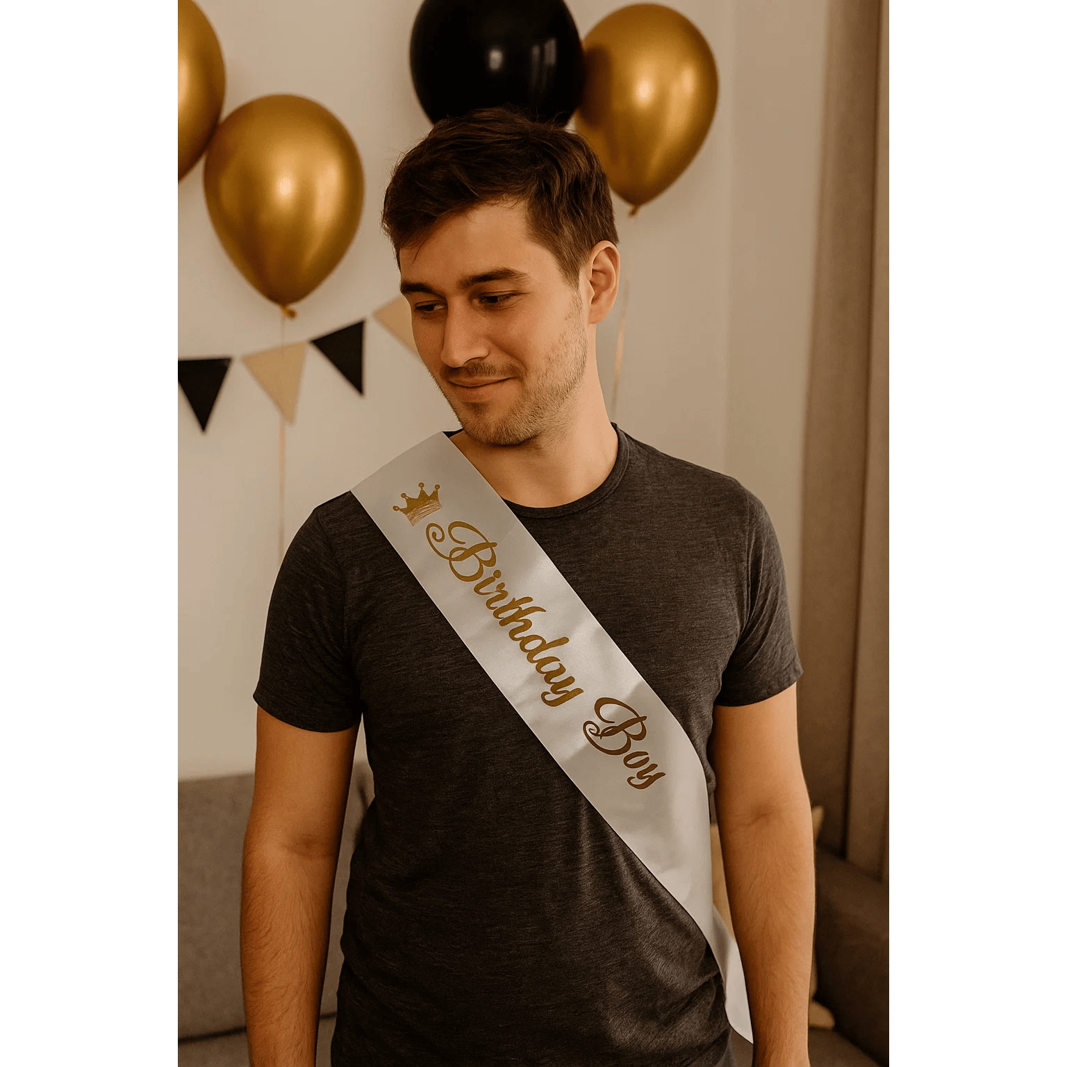 Doğum Günü Parti Kuşağı Birthday Boy yazılı Geniş beyaz saten üstüne Gold varakla yazılı erkek doğum günü aksesuarı      