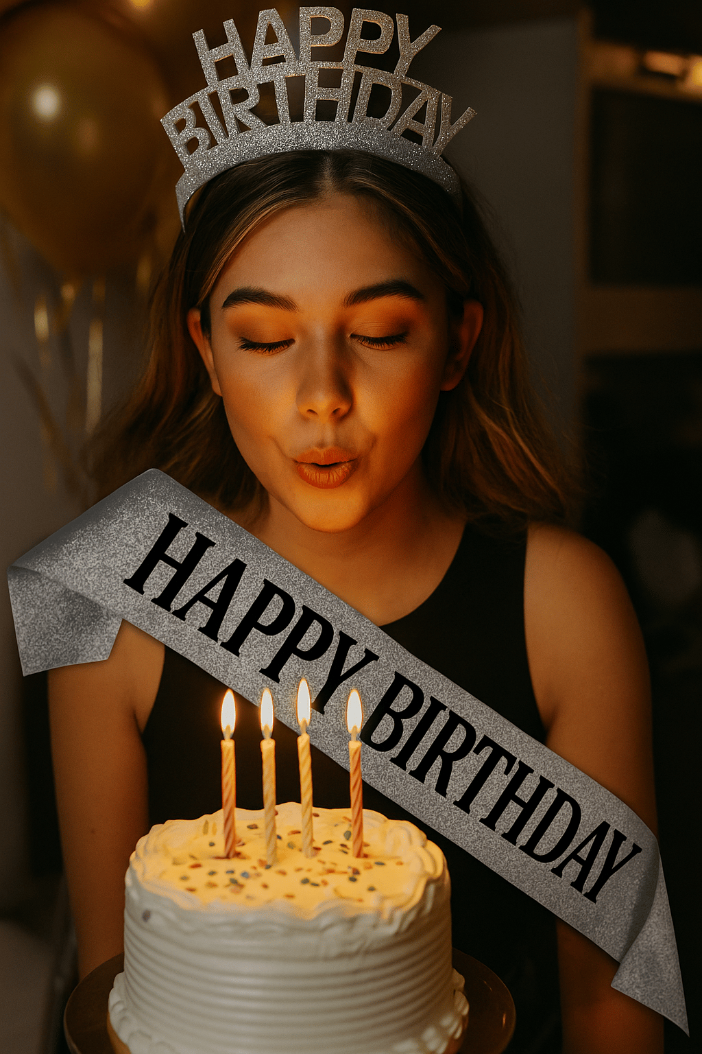 Doğum Günü Parti Kuşağı Happy Birthday yazılı Gümüş simli kumaş üzerine siyah baskılı doğum günü aksesuarı      