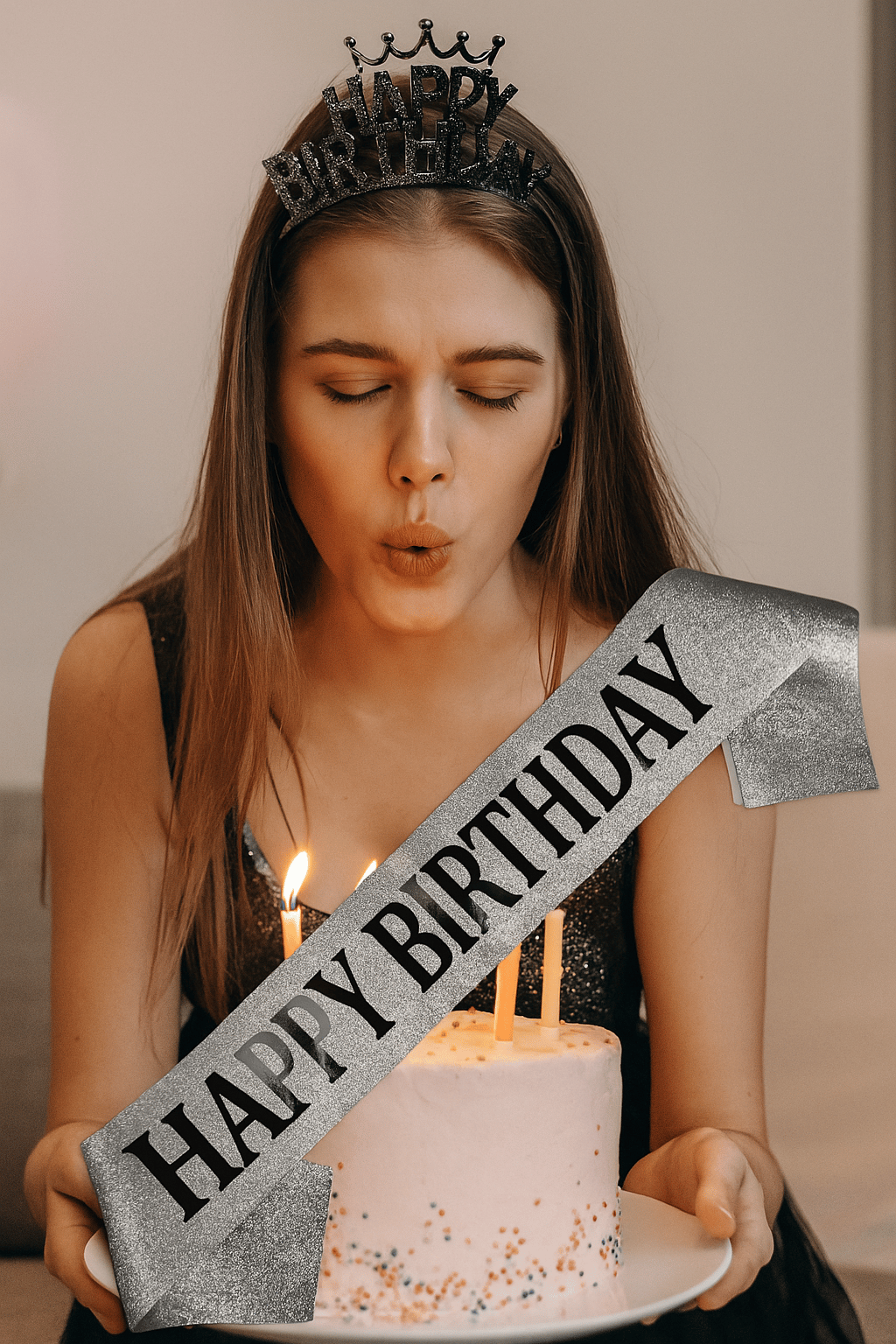 Doğum Günü Parti Kuşağı Happy Birthday yazılı Gümüş simli kumaş üzerine siyah baskılı doğum günü aksesuarı      