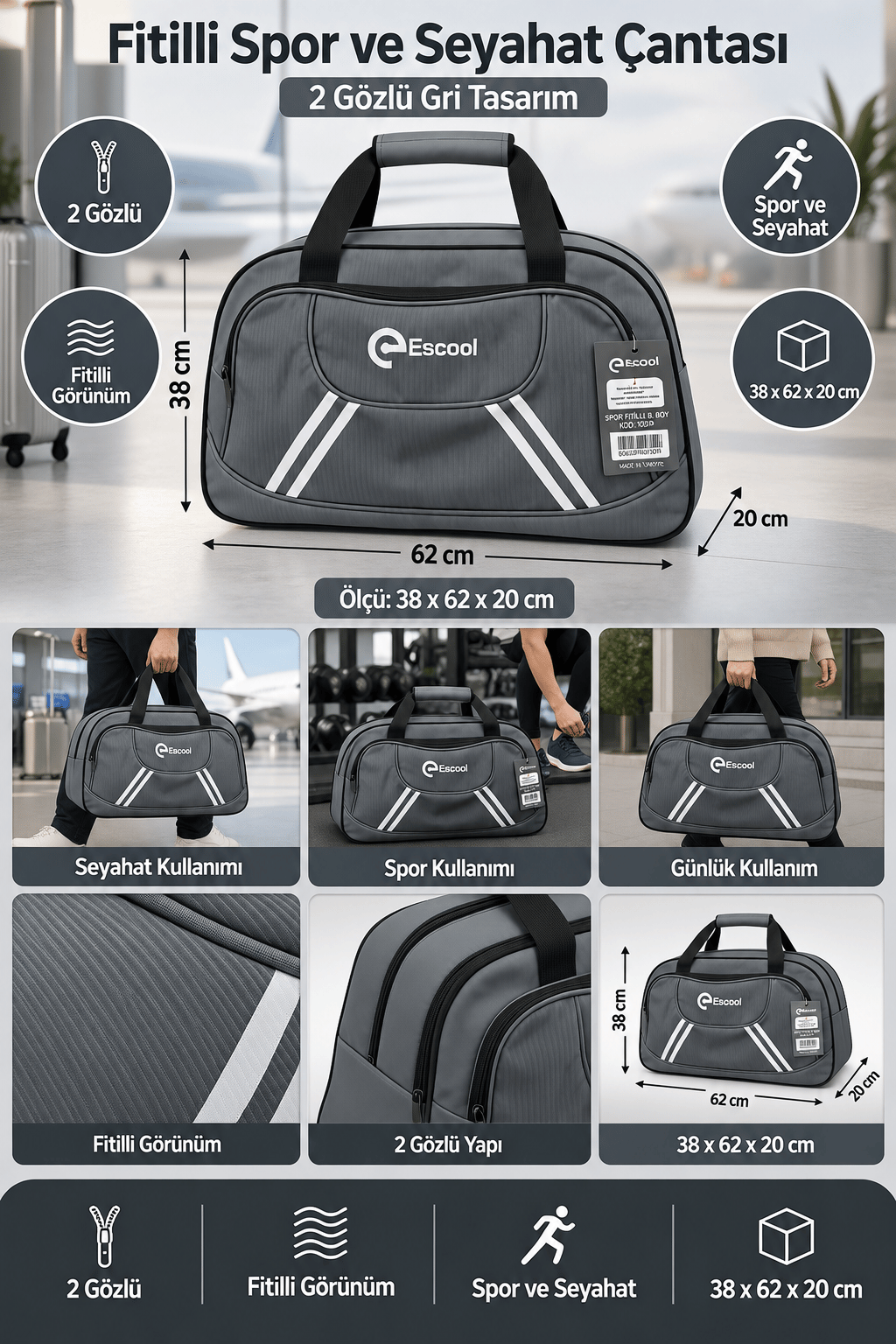 Fitilli Spor ve Seyahat Çantası Gri 2 Gözlü 38x62x20 cm Günlük Kullanım