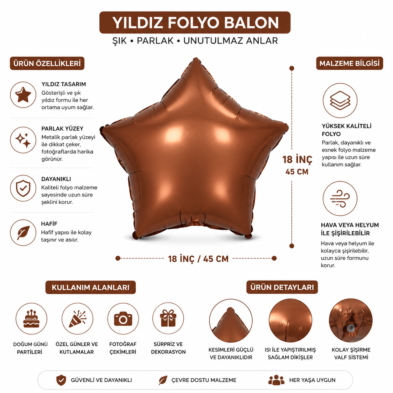 Folyo Balon 18 inç 45cm YILDIZ KAHVERENGİ