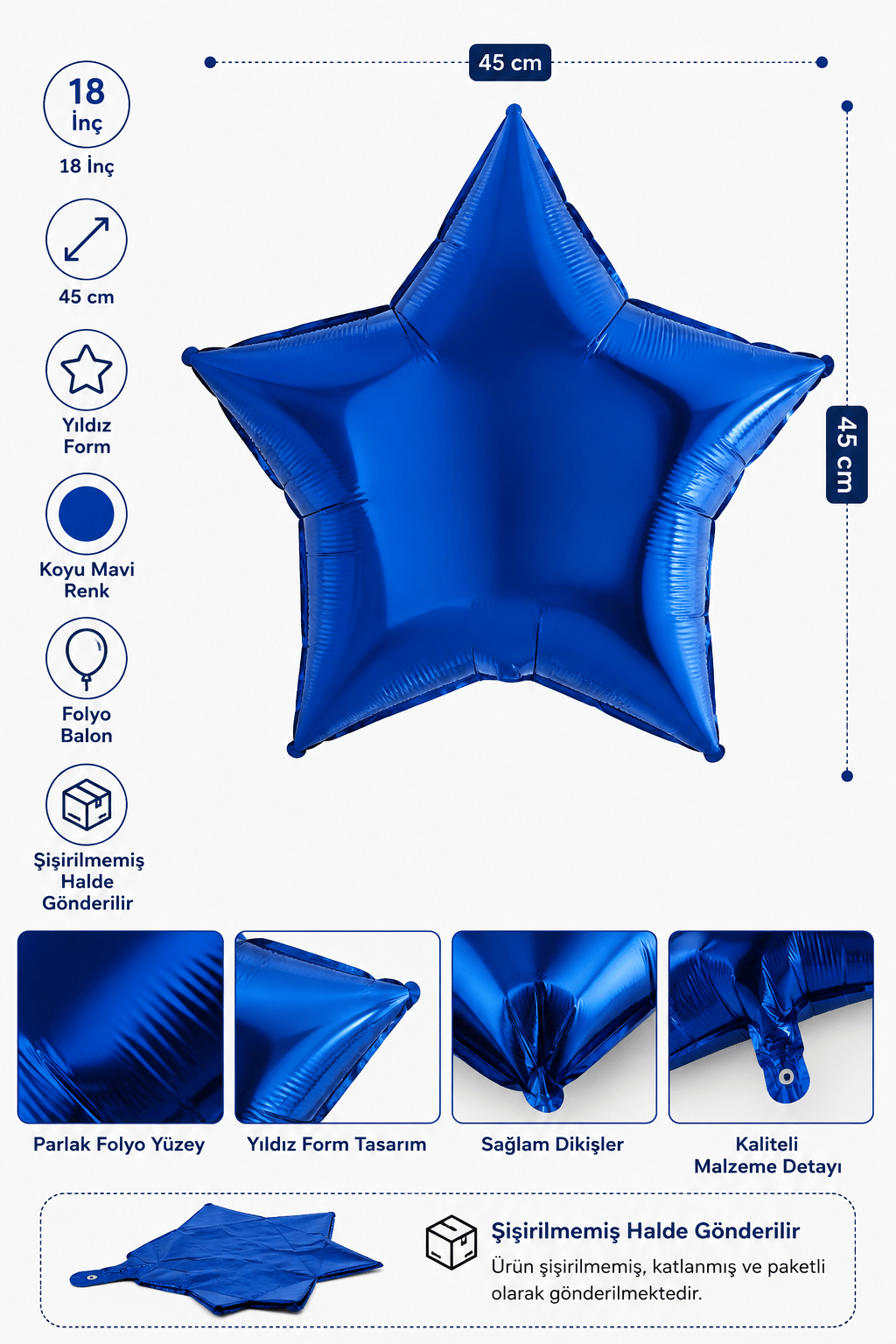 Folyo Balon 18 inç 45cm YILDIZ MAVİ KOYU