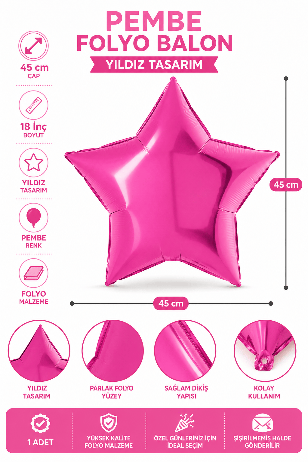 Folyo Balon 18 inç 45cm YILDIZ PEMBE