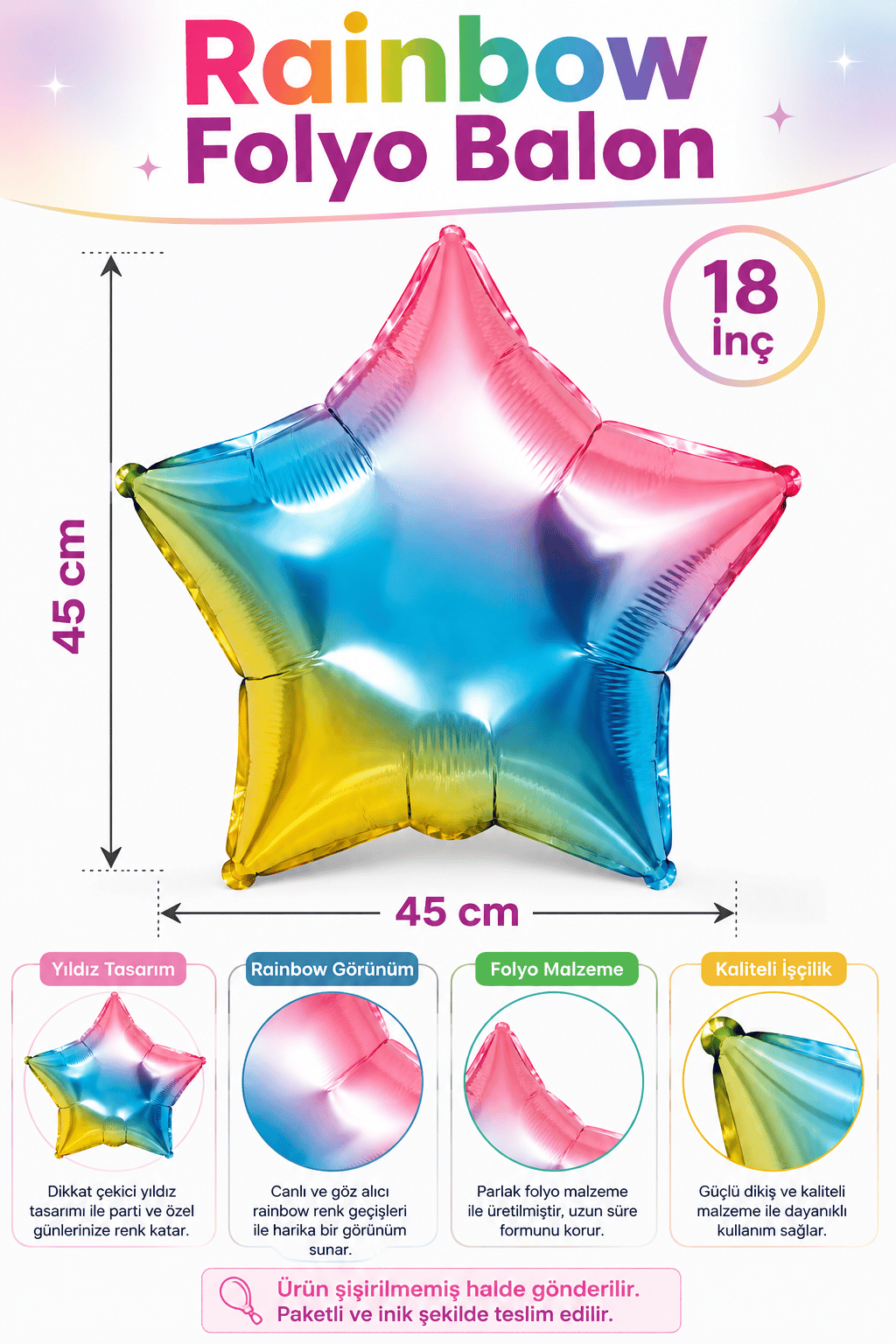 Folyo Balon 18 inç 45cm YILDIZ RAİNBOW