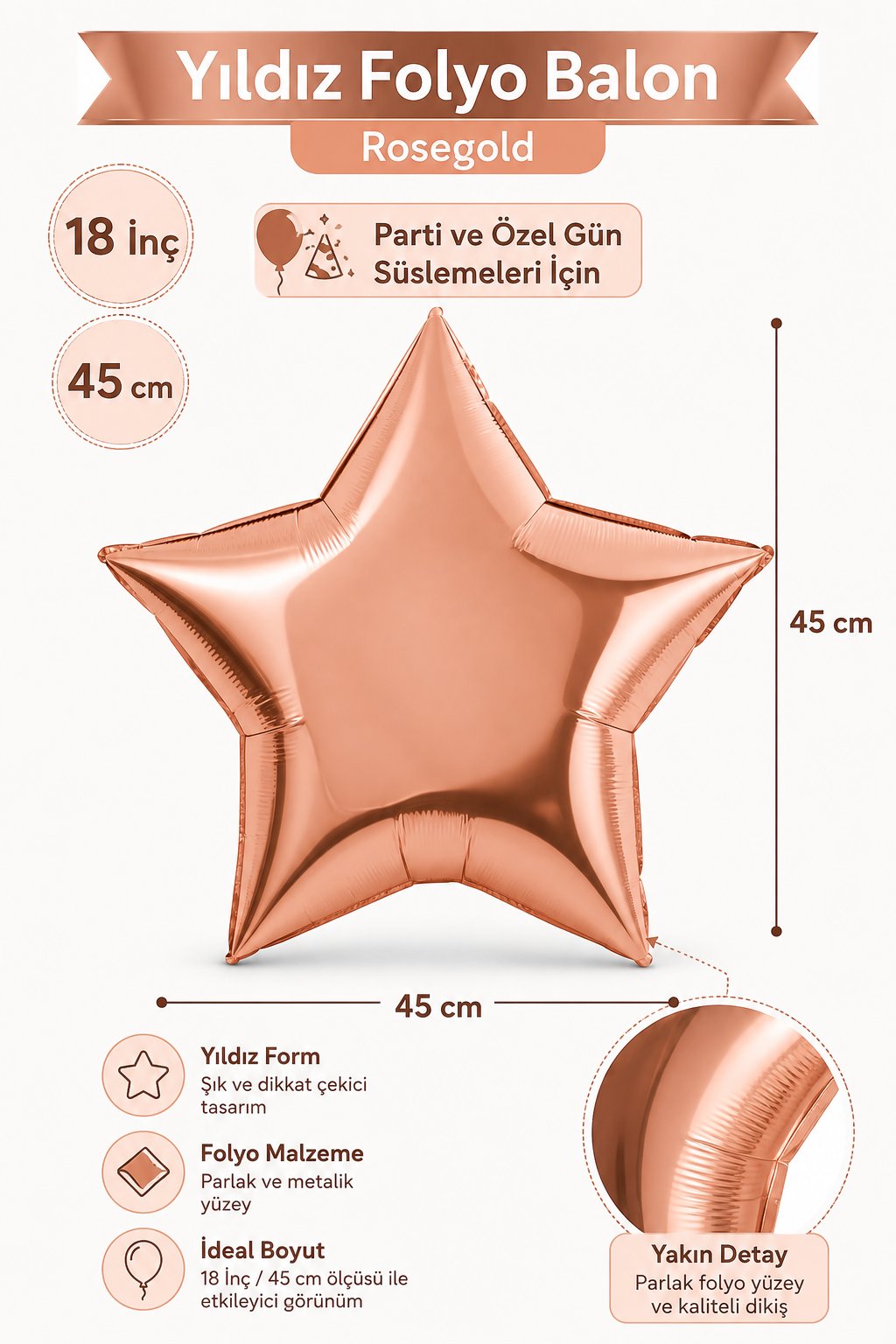 Folyo Balon 18 inç 45cm YILDIZ ROSEGOLD