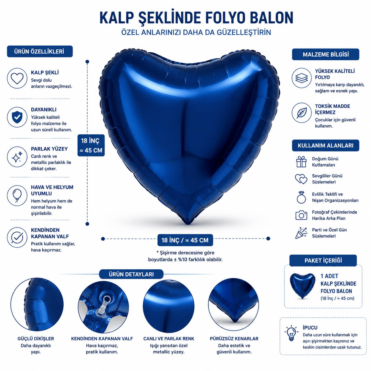 Folyo Balon 18 inç kalp Koyu Mavi