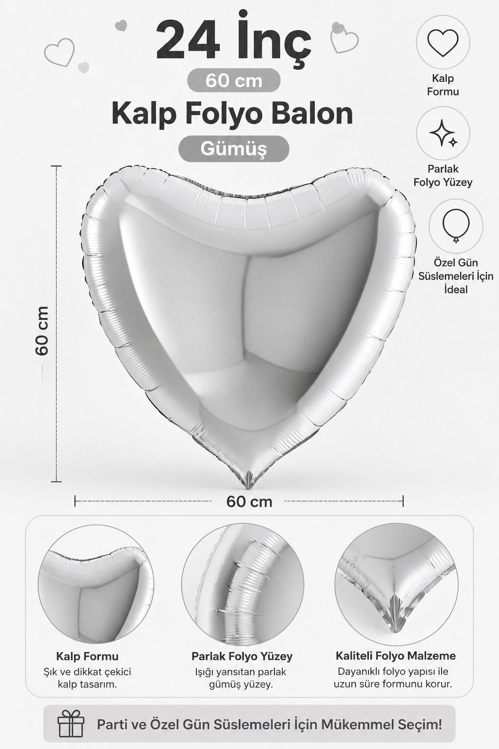 Folyo Balon 24 inç 60cm KALP GÜMÜŞ