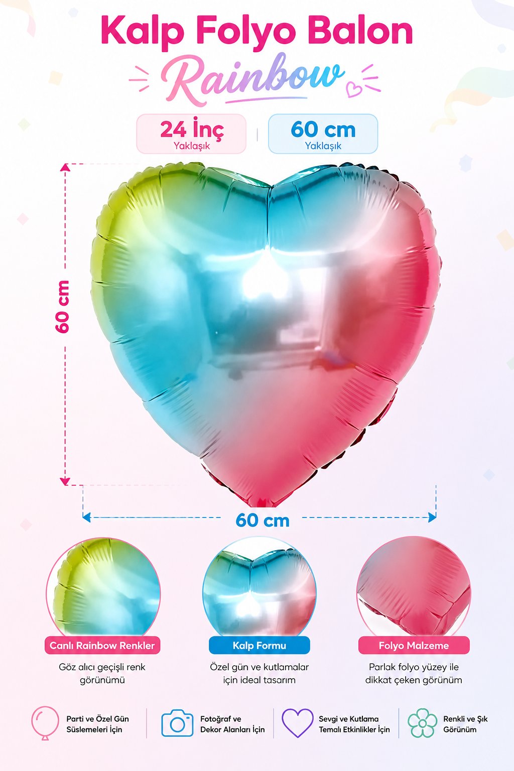 Folyo Balon 24 inç 60cm KALP RAİNBOW