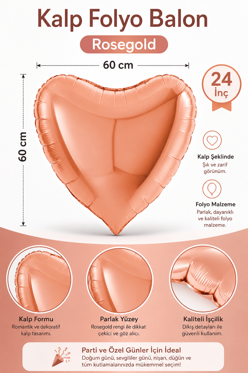 Folyo Balon 24 İnç 60cm KALP ROSEGOLD